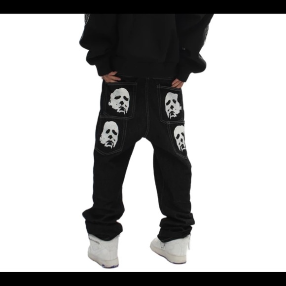 Spoof Portrait Print Denim Pants Mens High Street Funny Loose Straight-leg Pants - Picture 4 of 7